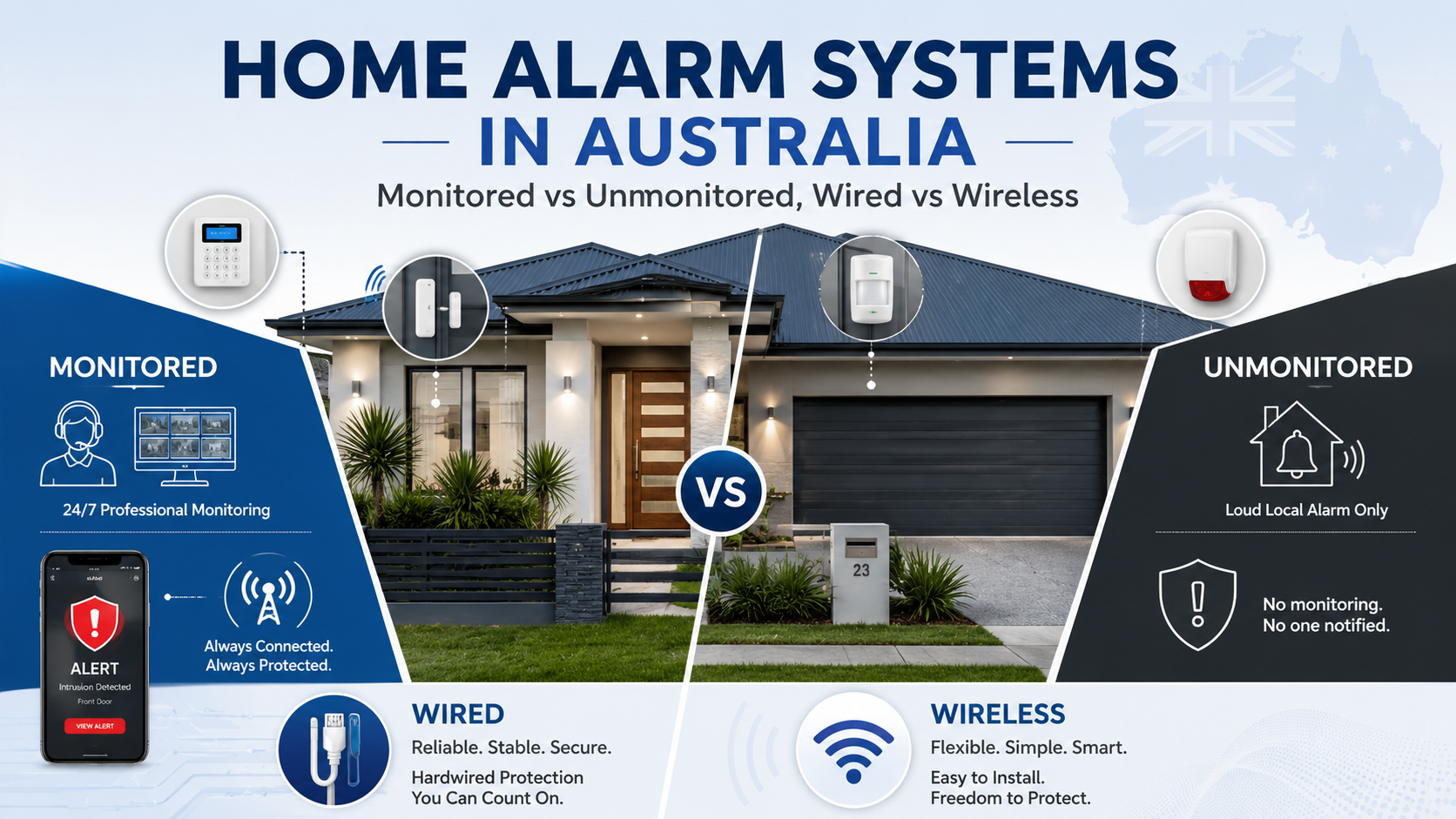 Home Alarm Systems in Australia: Monitored vs Unmonitored, Wired vs Wireless