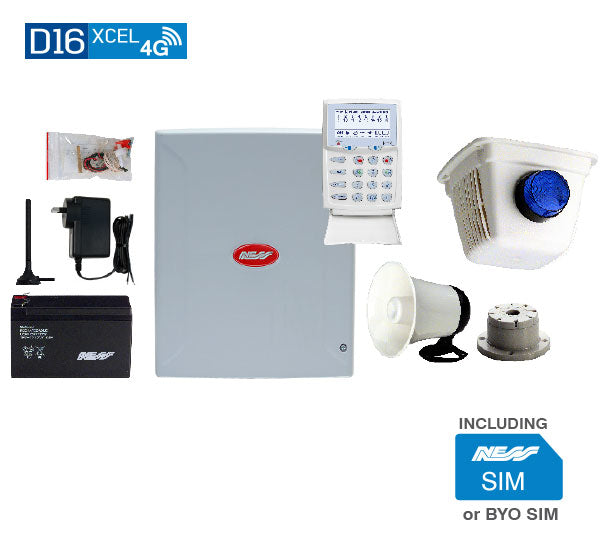 NESS D16XCEL4G Alarm Kit with KPX+ LCD Keypad, 4G Communicator, Siren, and SIM – 16 Zone Security System – SKU: NESS-K-9324