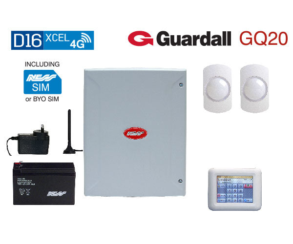 Ness D16XCEL 4G Security Alarm Kit with Navigator Keypad & Guardall GQ20 Quad PIRs | 16-Zone Touchscreen System – SKU: NASSK-9417