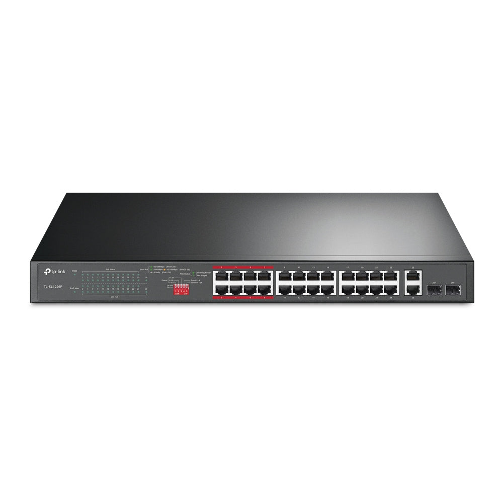 TP-Link TL-SL1226P 24-Port 10/100Mbps + 2-Port Gigabit Unmanaged PoE+ Switch | High Power Budget, Long-Range PoE, Plug-and-Play