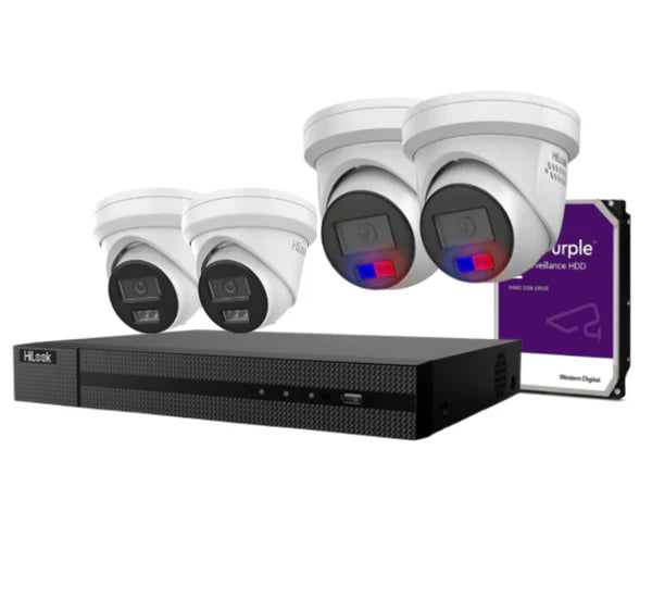 HiLook 6MP AI Fixed Turret CCTV Kit with Dual Microphone, Strobe Light, and 4K PoE NVR – IPC-T269H-MU/SL, IPC-T361H-MU-AUS, NVR-108MH-C/8P, NVR-104MH-C/4P