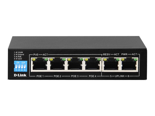 D-Link DES-F1006P-E 6-Port Fast Ethernet PoE Switch with 4 Long-Reach PoE Ports, 2 Uplink Ports & 60W PoE Budget