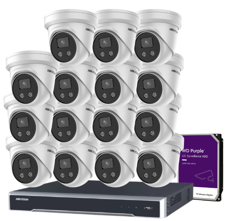 Hikvision 16-Channel 8MP CCTV Kit with 16 DS-2CD2386G2-ISU/SL Turret Cameras + DS-7616NI-M2/16P NVR + HDD – 4K AI Surveillance with PoE, DarkFighter, and Active Deterrence