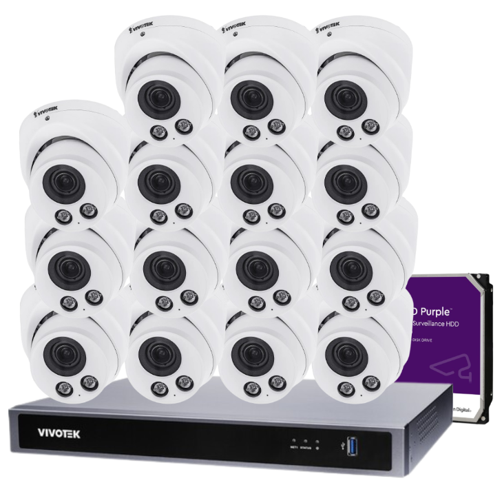 VIVOTEK IT9388-HT 16-Camera 5 MP Turret Dome CCTV Kit with ND9426P 16-Channel Core+ AI PoE NVR + HDD
