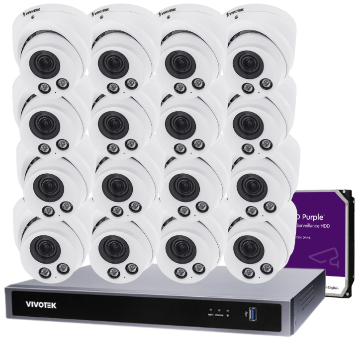 VIVOTEK IT9388-HT 16-Camera 5 MP Turret Dome CCTV Kit with ND9426P 16-Channel Core+ AI PoE NVR + HDD