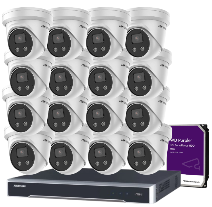 Hikvision 16-Channel 8MP CCTV Kit with 16 DS-2CD2386G2-ISU/SL Turret Cameras + DS-7616NI-M2/16P NVR + HDD – 4K AI Surveillance with PoE, DarkFighter, and Active Deterrence