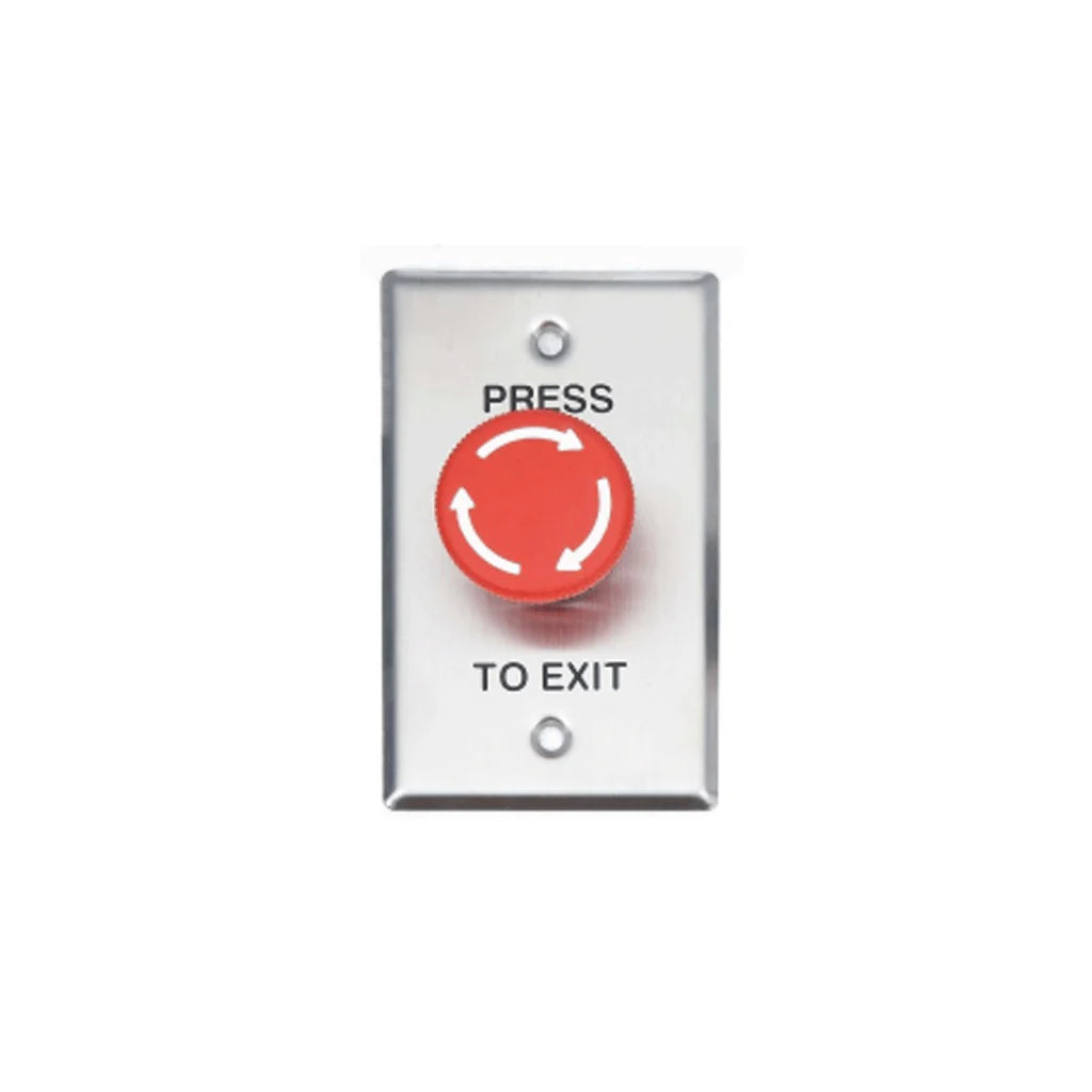 SMART Twist-to-Release Button with Red Mushroom Head on Curved Edge Stainless Steel Plate, "Press to Exit" Engraved (Latching)