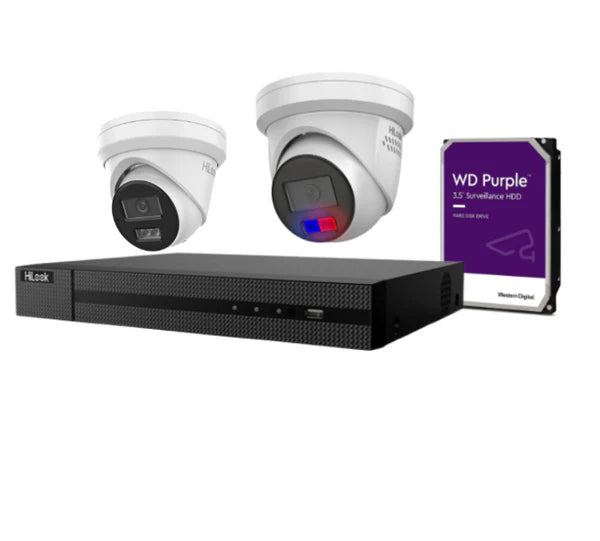 HiLook 6MP AI Fixed Turret CCTV Kit with Dual Microphone, Strobe Light, and 4K PoE NVR – IPC-T269H-MU/SL, IPC-T361H-MU-AUS, NVR-108MH-C/8P, NVR-104MH-C/4P