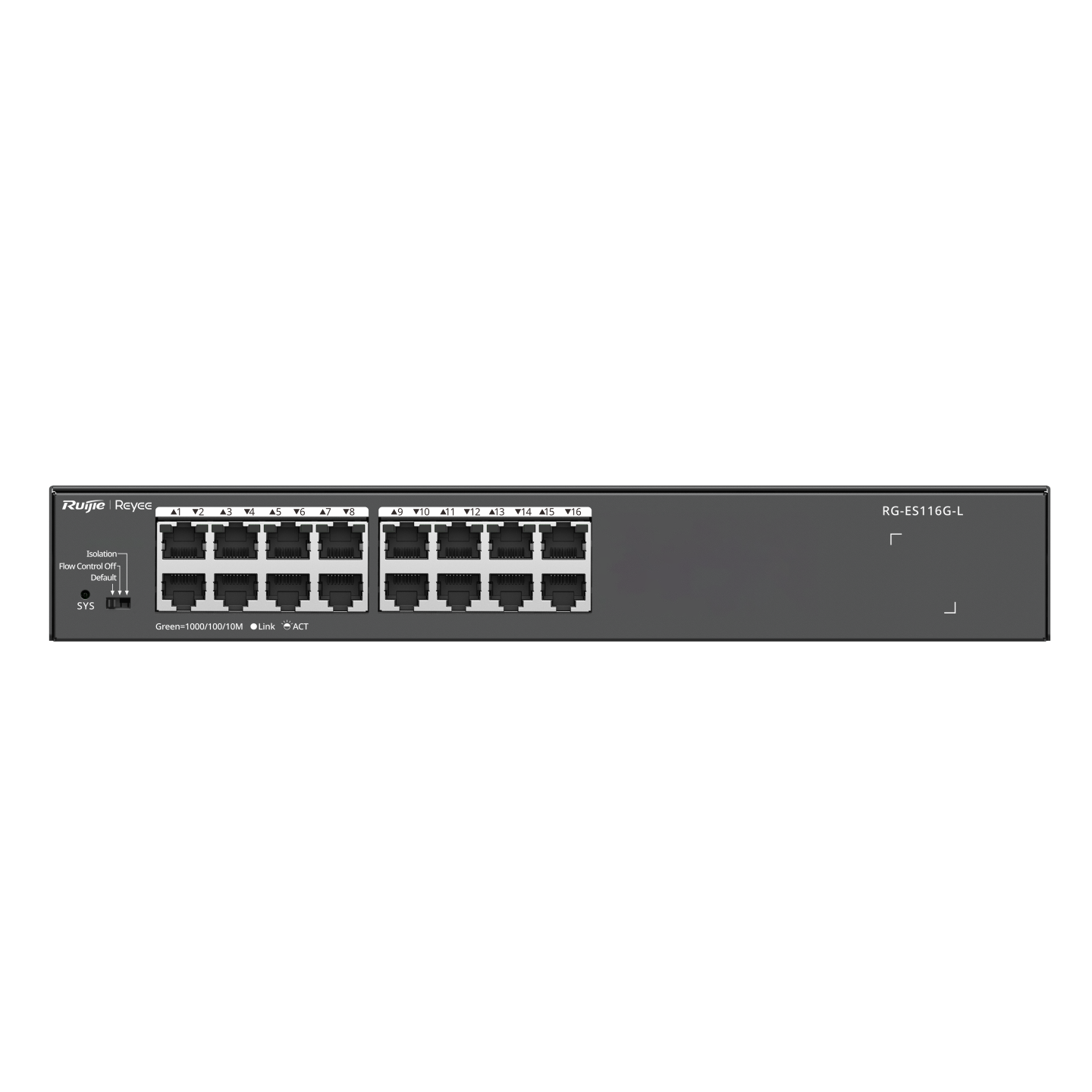 Ruijie Reyee RG-ES116G-L 16-port Gigabit unmanaged switch with 16 RJ45 ports for non-PoE Layer 2 network connectivity.