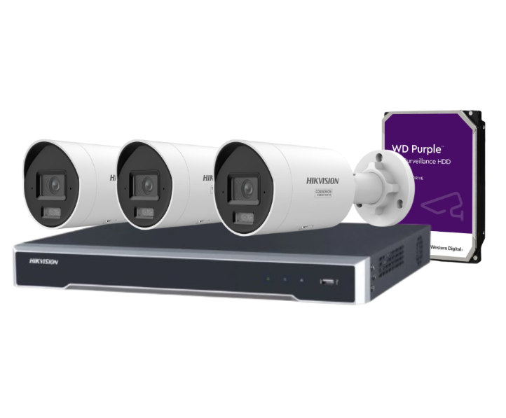 Hikvision 4-Channel 8MP CCTV Kit with DS-2CD2087G3-LI2UY/S(L)(RB) Smart Hybrid Light Bullet Cameras + DS-7604NI-M1/4P NVR + HDD – Full-Color Night Vision, Two-Way Audio, PoE