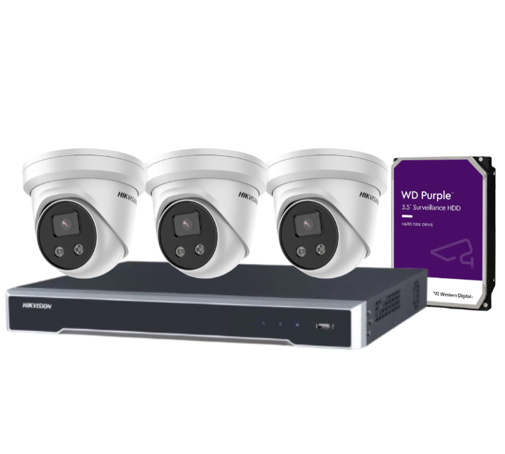 Hikvision 4-Channel CCTV Kit with 4 DS-2CD2386G2-ISU/SL 8MP AcuSense Turret Cameras + DS-7604NI-M1/4P 8K PoE NVR + HDD – Active Deterrence, DarkFighter, H.265+