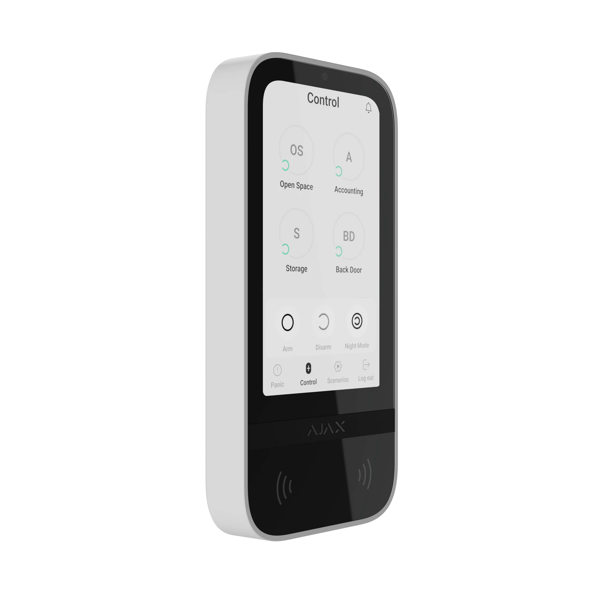 AJAX TouchScreen Wireless KeyPad in white for alarm systems, showing a sleek, modern design with numeric keypad and touch controls.