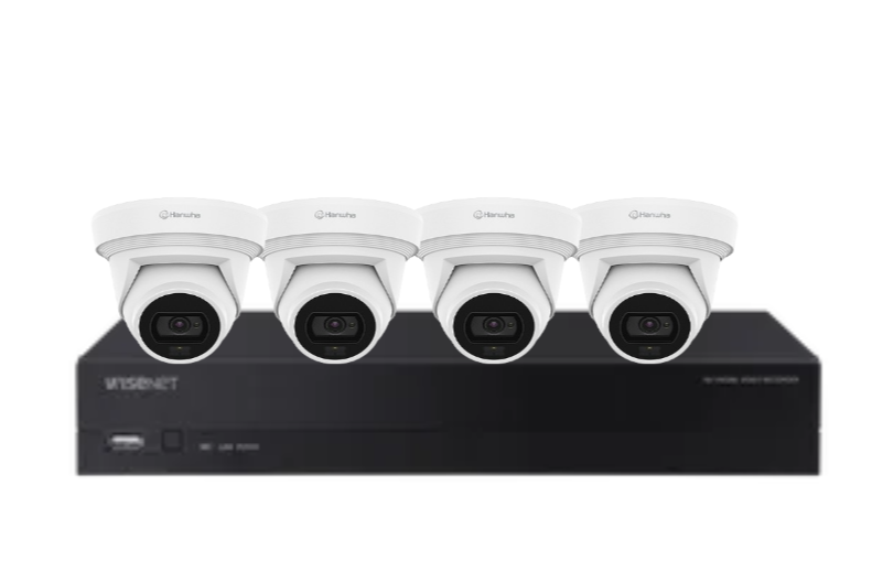 Hanwha Vision x4 Q-Core 8MP AI FlatEye Camera Kit with 4-Channel NVR & HDD – HV-QNE-C9013RLOS