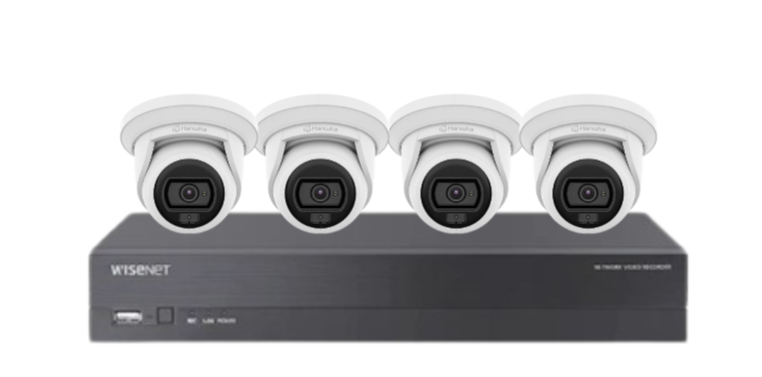 Wisenet Hanwha x4 Camera CCTV Kit with 4 Channel 8MP NVR, 4MP Flateye Cameras A series + HDD – CT-ANE-L7012L / CT-ARN-410S