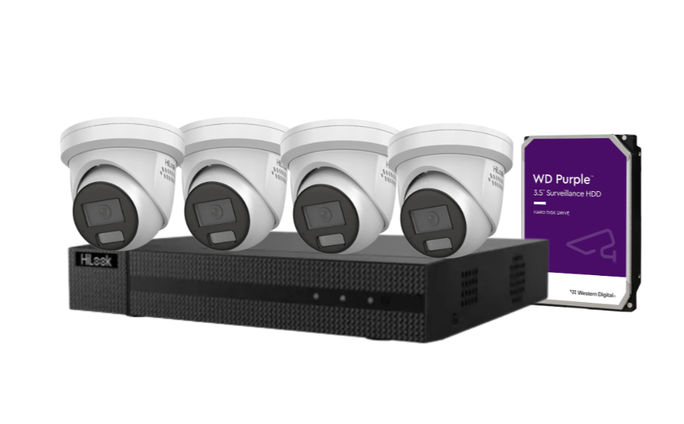 HiLook 4K CCTV Kit with 4CH NVR, Up to x4 8MP Smart Turret Cameras (IPC-T289H-MU/SL) + HDD – Hybrid Light, Audio Alarm, AI Detection, Outdoor-Ready