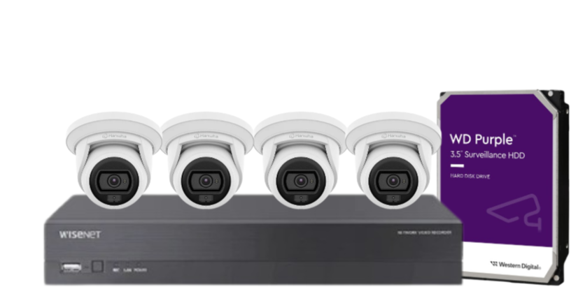 Wisenet Hanwha x4 Camera CCTV Kit with 4 Channel 8MP NVR, 4MP Flateye Cameras A series + HDD – CT-ANE-L7012L / CT-ARN-410S