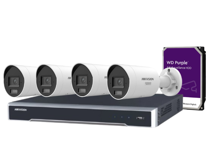 Hikvision 4-Channel 8MP CCTV Kit with DS-2CD2087G3-LI2UY/S(L)(RB) Smart Hybrid Light Bullet Cameras + DS-7604NI-M1/4P NVR + HDD – Full-Color Night Vision, Two-Way Audio, PoE