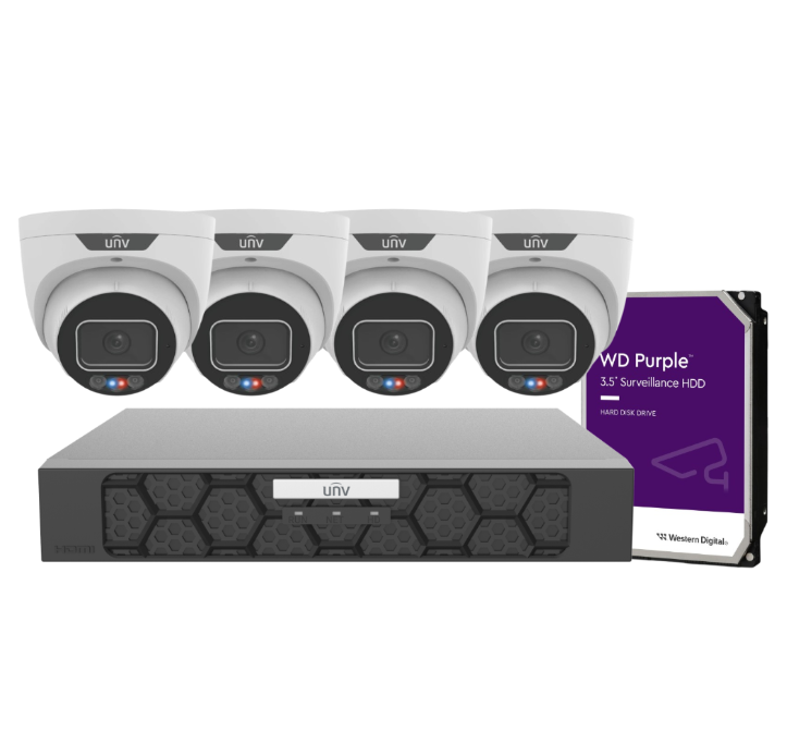 Uniview 4× IPC3636SS‑ADF28KMC‑I1 6MP Triguard Cameras + NVR501‑04B‑P4‑IQ 4-Channel 4K PoE Recorder with HDD – Advanced Security Kit for Australia