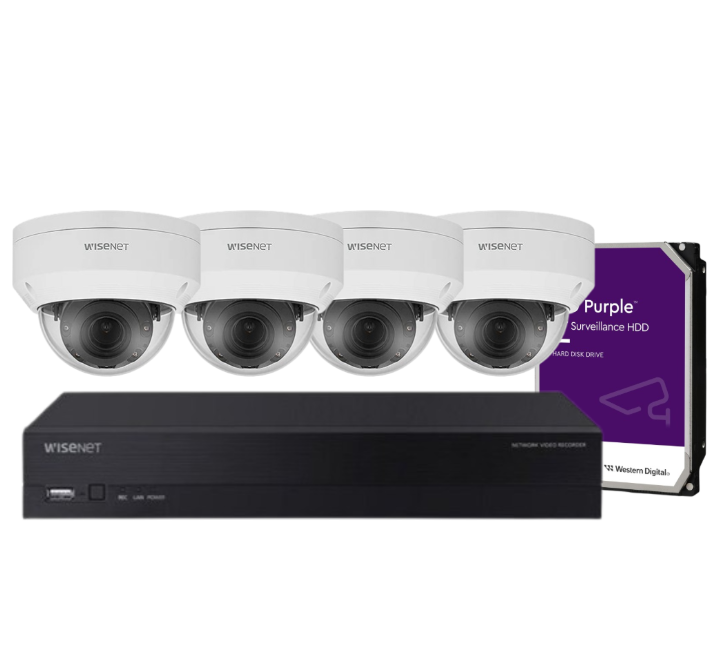 Hanwha Wisenet 4‑Camera CCTV Kit – CT‑ANV‑L7082R 4 MP Dome + CT‑ARN‑410S 4‑Ch 8 MP AI NVR with 1 + HDD – Outdoor Vandal‑Resistant, H.265, PoE