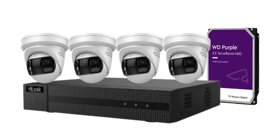 HiLook 4-Channel CCTV Kit with IPC-T289PH-MU/SL 8MP 180° Panoramic Cameras + 4K PoE NVR + HDD – IP67 Outdoor Surveillance System with Smart IR, Two-Way Audio & Deterrence