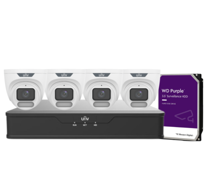 Uniview OWLVIEW 8MP 4K CCTV Kit with 4x Turret Cameras & 4-Channel PoE NVR – ColorHunter, Wise-ISP, HDD Included | IPC3628LE-ADF28K-WP + NVR301-04B-P4-IQ