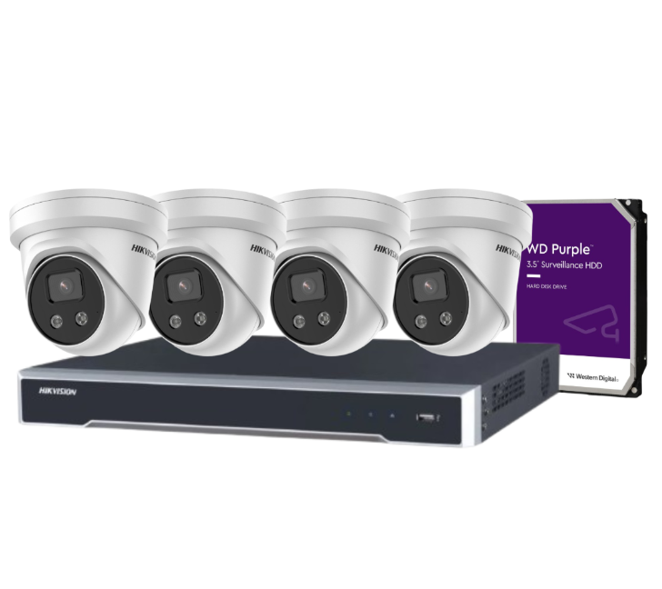 Hikvision 4-Channel CCTV Kit with 4 DS-2CD2386G2-ISU/SL 8MP AcuSense Turret Cameras + DS-7604NI-M1/4P 8K PoE NVR + HDD – Active Deterrence, DarkFighter, H.265+