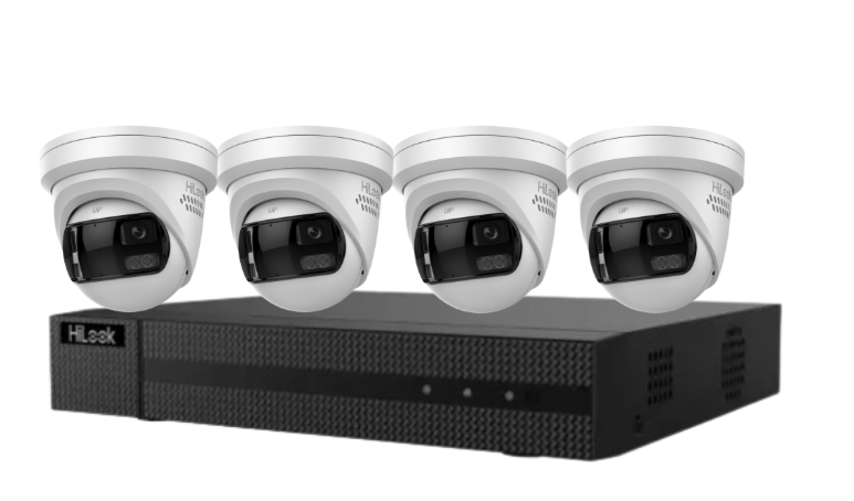 HiLook 4-Channel CCTV Kit with IPC-T289PH-MU/SL 8MP 180° Panoramic Cameras + 4K PoE NVR + HDD – IP67 Outdoor Surveillance System with Smart IR, Two-Way Audio & Deterrence