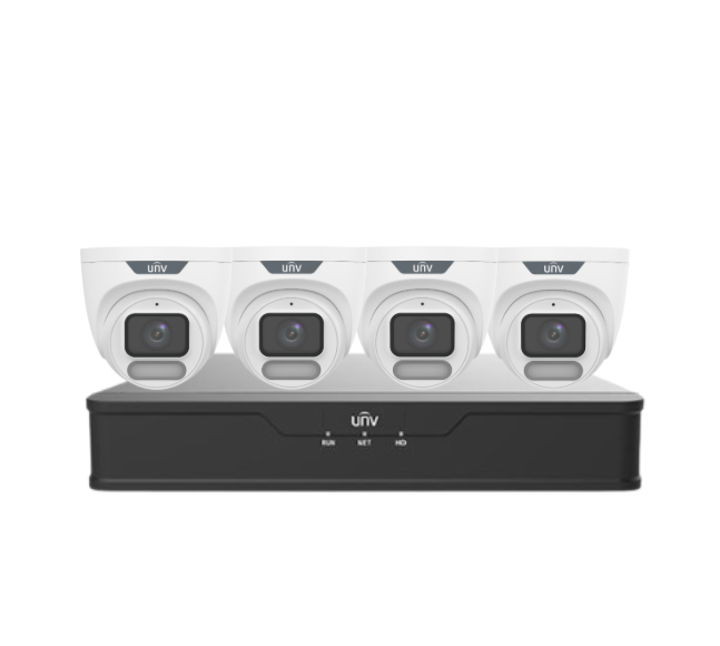 Uniview OWLVIEW 8MP 4K CCTV Kit with 4x Turret Cameras & 4-Channel PoE NVR – ColorHunter, Wise-ISP, HDD Included | IPC3628LE-ADF28K-WP + NVR301-04B-P4-IQ