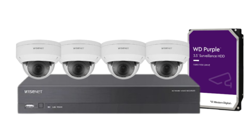 Wisenet Hanwha x4 Camera CCTV Kit with 4 Channel 8MP NVR A series, 4MP Vandal Dome Cameras + HDD – CT-ANV-L7012R / CT-ARN-410S