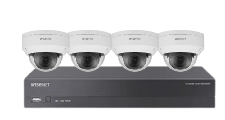 Wisenet Hanwha x4 Camera CCTV Kit with 4 Channel 8MP NVR A series, 4MP Vandal Dome Cameras + HDD – CT-ANV-L7012R / CT-ARN-410S