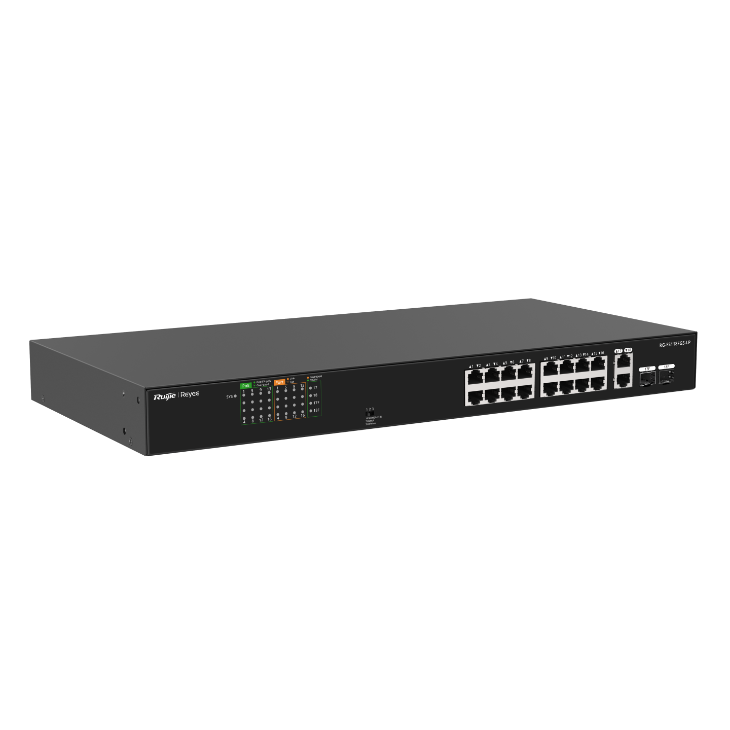 RG-ES118FGS-LP 16-Port 10/100 Mbps + 2-Port Gigabit Unmanaged PoE Switch – Fanless, High-Performance, Ideal for Surveillance & Small Business Networks
