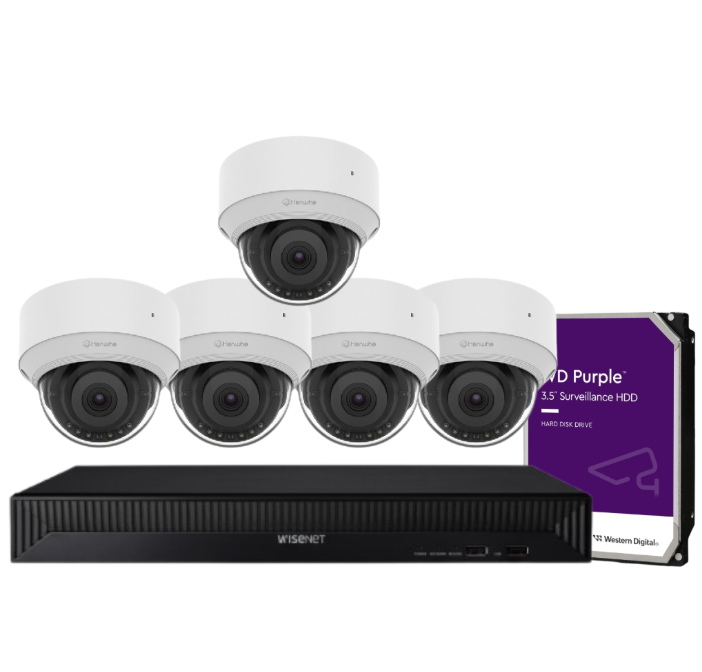 Hanwha Wisenet 8‑Camera CCTV Kit with 5 MP QND‑C8013R AI Dome Cameras & 8‑CH XRN‑815S PoE+ AI NVR (HDD Support)