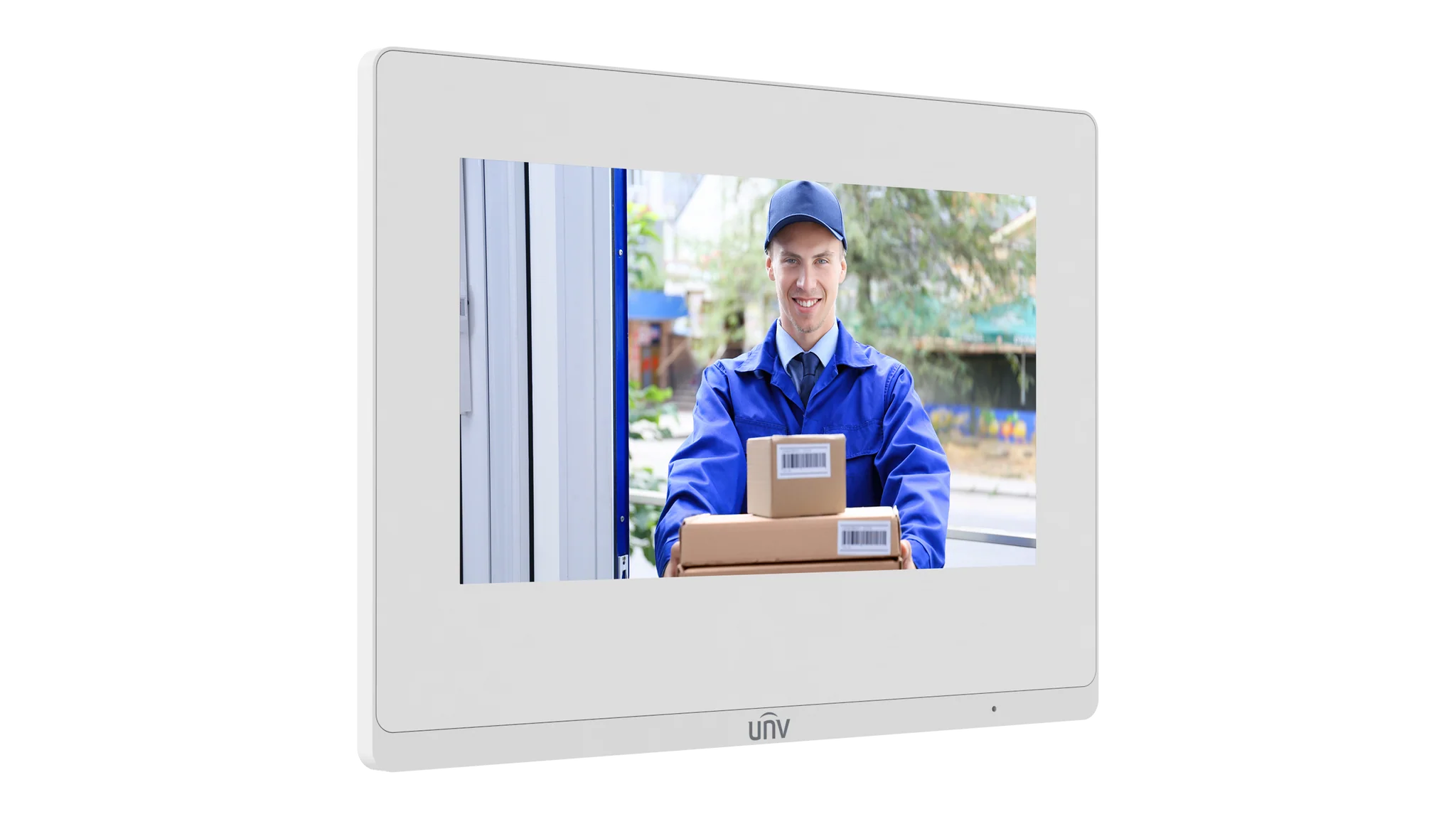 Uniview OEI-372S-H-W 7-inch HD indoor intercom station with smart video door entry monitor showing screen and control buttons.