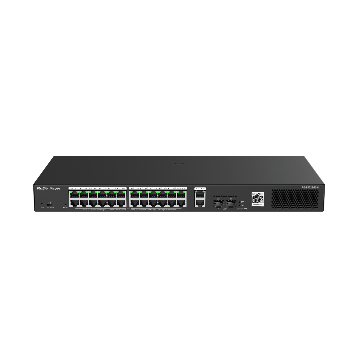 RG-ES228GS-P 28-Port Gigabit Smart Cloud Managed PoE Switch – 24 PoE+ Ports, 2 RJ45 Uplinks, 2 SFP Ports, Fan-Controlled, Ideal for Enterprise & CCTV Networks