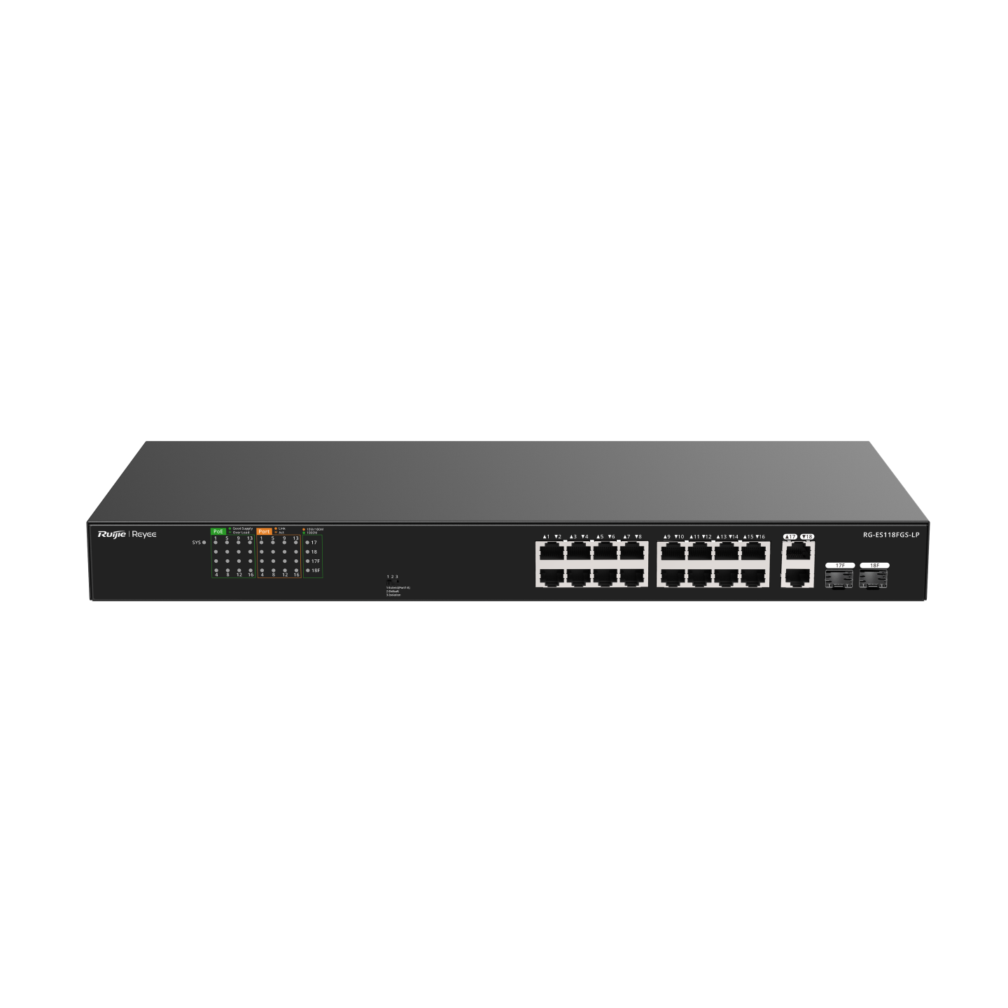 RG-ES118FGS-LP 16-Port 10/100 Mbps + 2-Port Gigabit Unmanaged PoE Switch – Fanless, High-Performance, Ideal for Surveillance & Small Business Networks