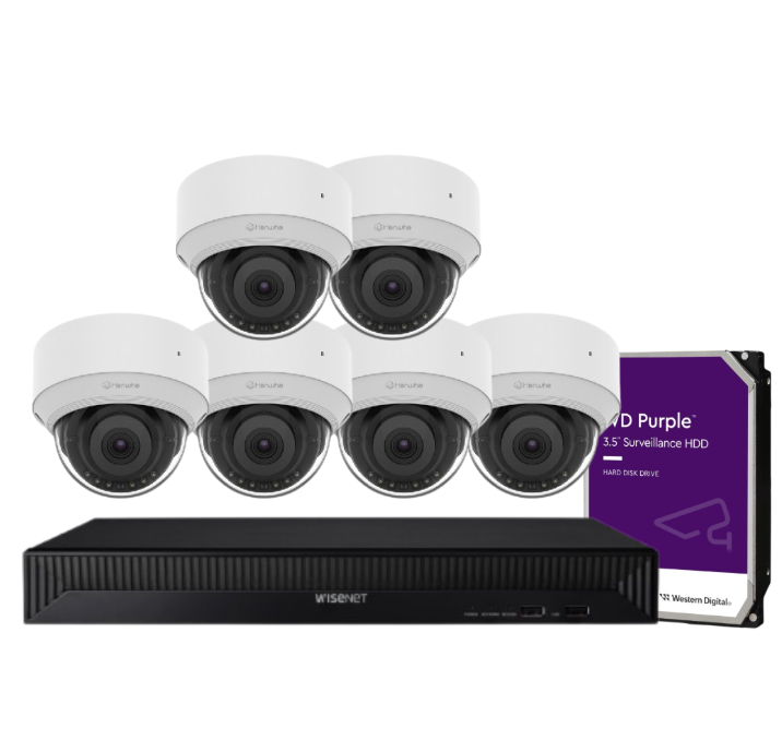 Hanwha Wisenet 8‑Camera CCTV Kit with 5 MP QND‑C8013R AI Dome Cameras & 8‑CH XRN‑815S PoE+ AI NVR (HDD Support)