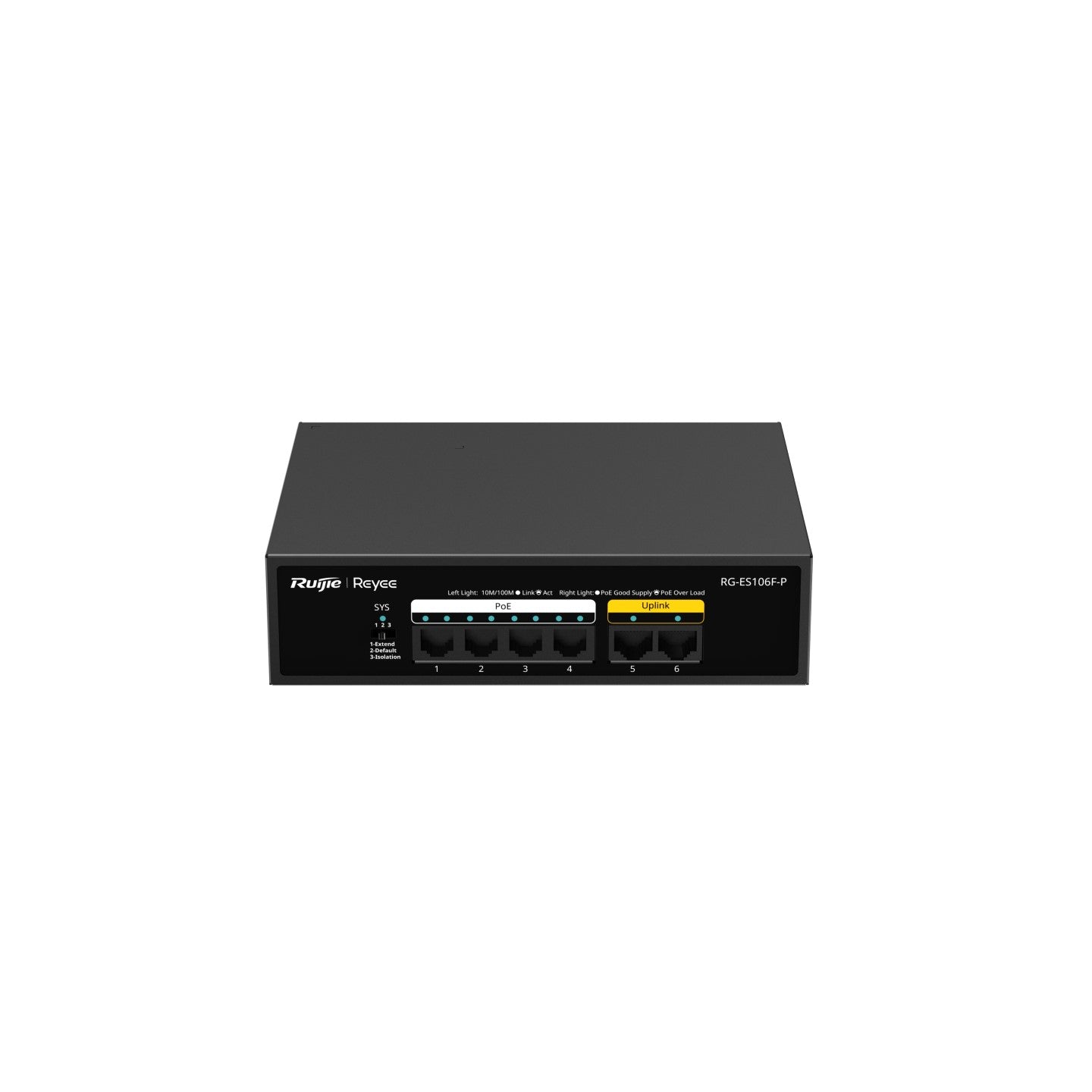 RG-ES106F-P 6-Port 10/100 Mbps Unmanaged PoE Switch – 4 PoE+ Ports, Fanless, Ideal for Surveillance & Small Office Networking