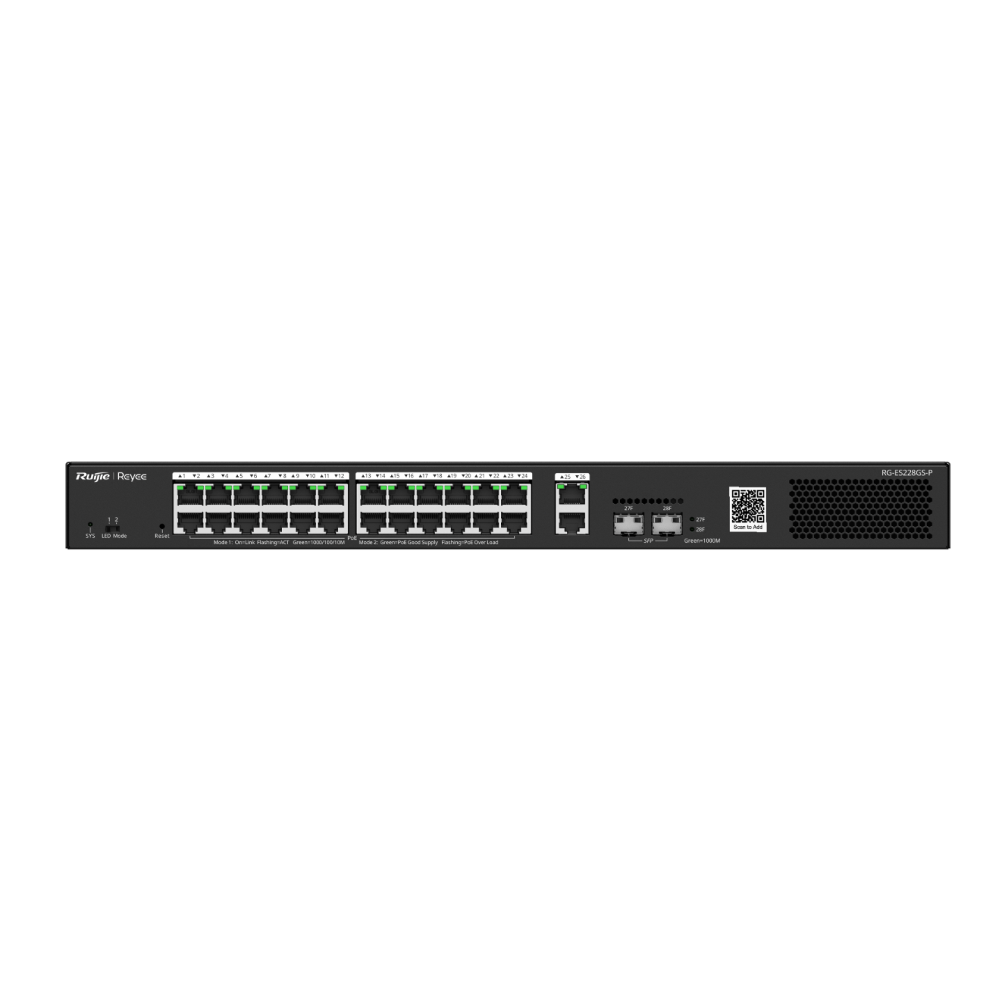 RG-ES228GS-P 28-Port Gigabit Smart Cloud Managed PoE Switch – 24 PoE+ Ports, 2 RJ45 Uplinks, 2 SFP Ports, Fan-Controlled, Ideal for Enterprise & CCTV Networks