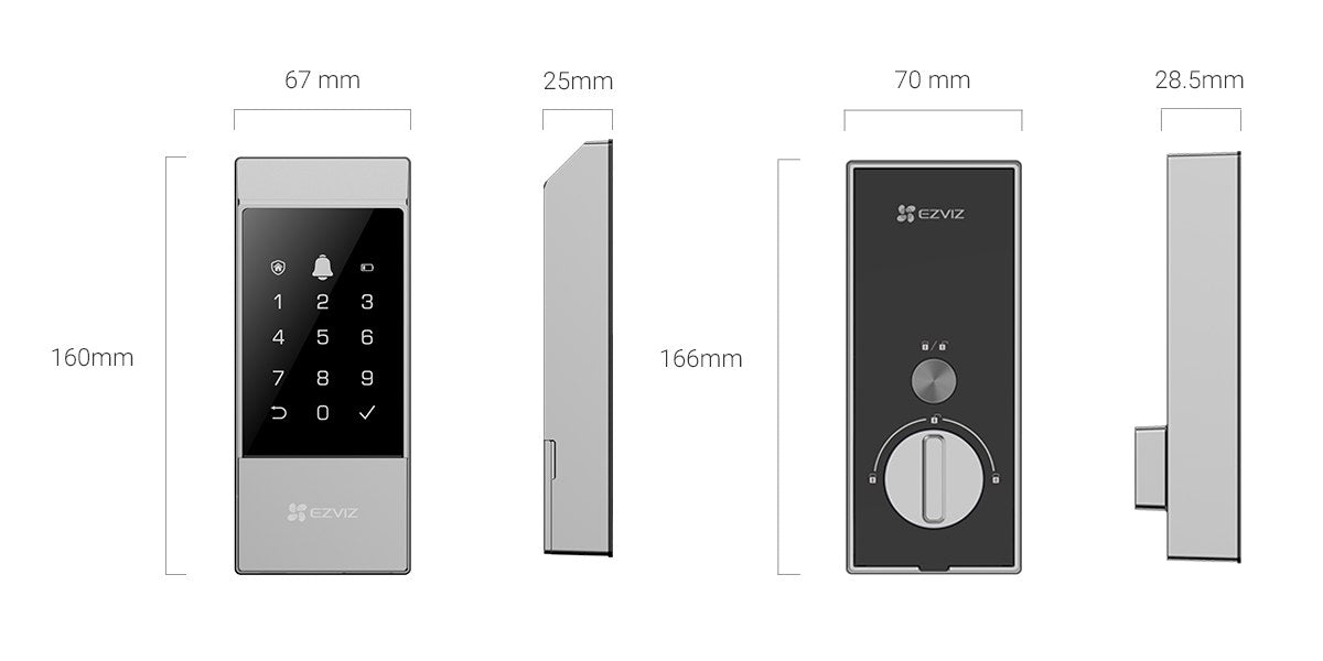 EZVIZ DL04 smart deadbolt lock with keypad, Wi-Fi connectivity, emergency power port, and anti-tamper alarm on door.