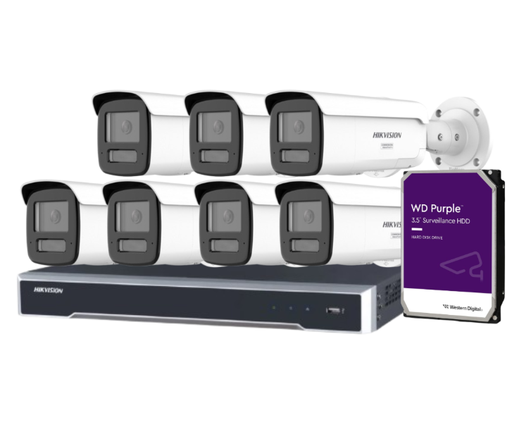 Hikvision 8-Camera 6MP Smart Hybrid Light CCTV Kit with 8CH NVR + HDD – DS-2CD2T67G3-LIS2UY & DS-7608NI-M2/8P