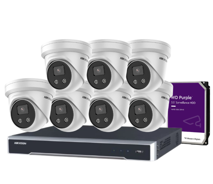 Hikvision 8MP CCTV Kit with 8 DS-2CD2386G2-I(U) AcuSense Turret Cameras + 8-Channel NVR DS-7608NI-M2/8P + HDD – Audio-Enabled, 8K Output, AI Detection, IP67