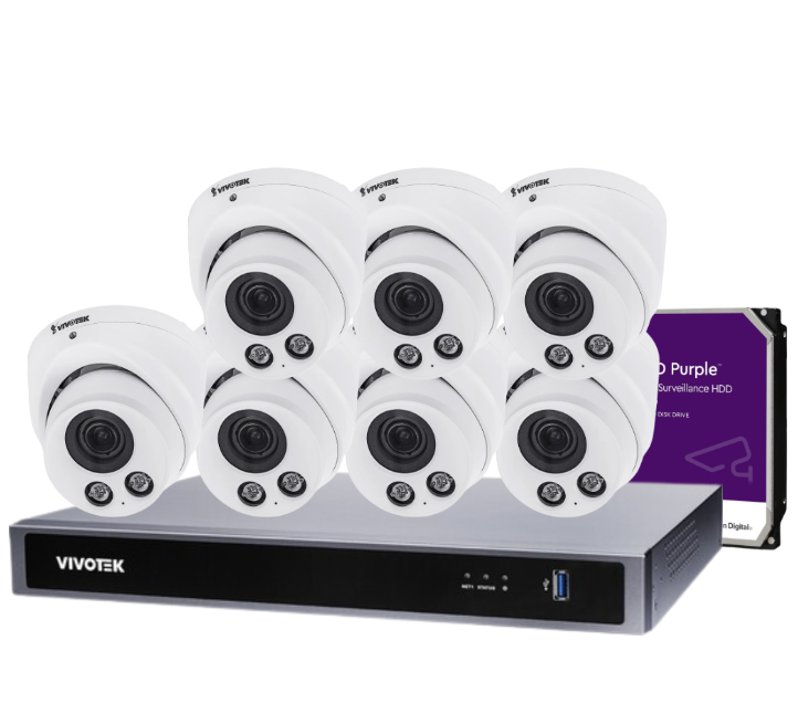VIVOTEK IT9388-HT 8-Camera 5 MP Turret Dome CCTV Kit with ND9326P 8-Channel Core+ AI PoE NVR + HDD