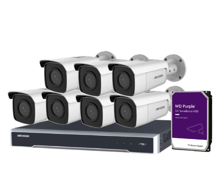 Hikvision 8MP CCTV Kit with 8 DS-2CD2T86G2-2I/4I Bullet Cameras + 8-Channel 8K PoE NVR DS-7608NI-M2/8P + HDD – AcuSense AI, DarkFighter, IP67