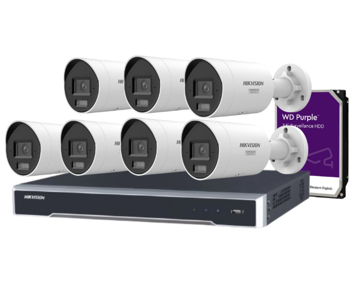 Hikvision 8-Channel 8MP CCTV Kit with DS-2CD2087G3-LI2UY/S(L)(RB) Smart Hybrid Light Bullet Cameras + DS-7608NI-M2/8P 8K NVR + HDD – Full-Color Night Vision, AI Analytics, and PoE