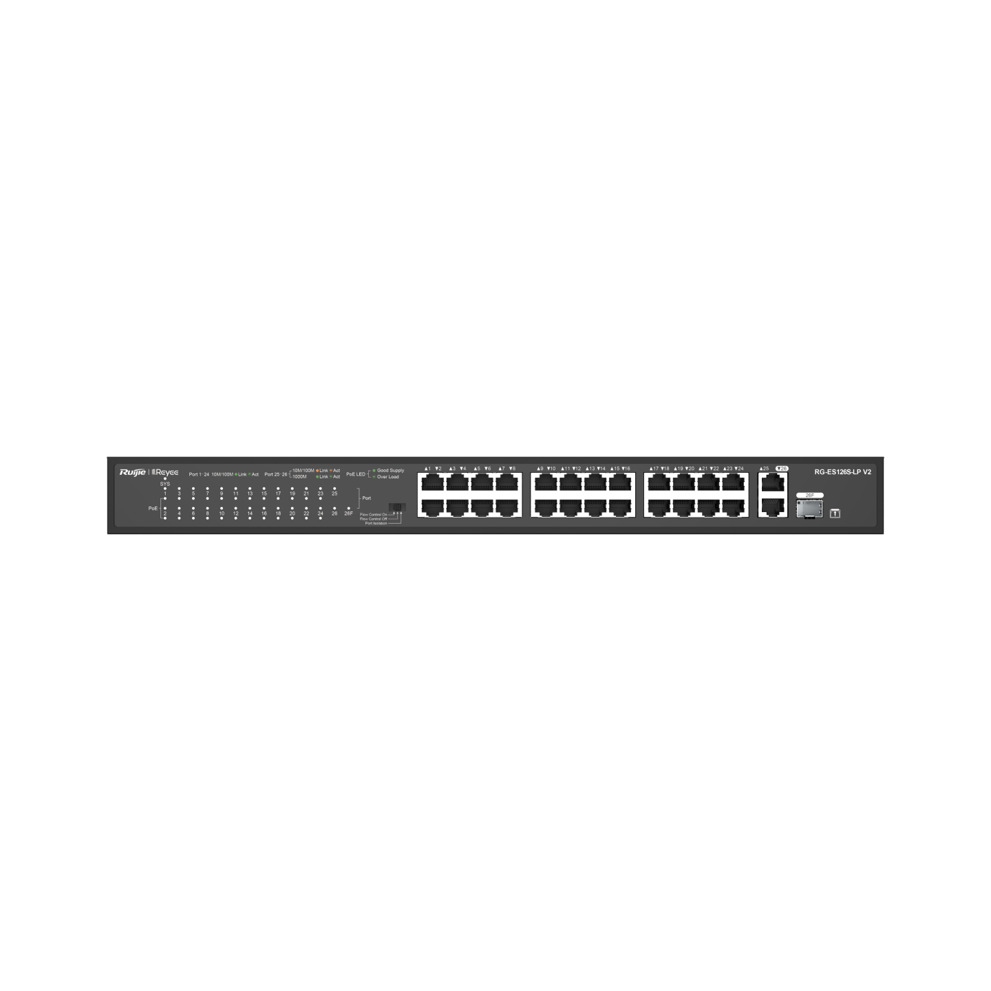 Ruijie RG-ES126S-LP V2, 24-Port 10/100 Mbps with 2-Port Gigabit Rackmount PoE Switch