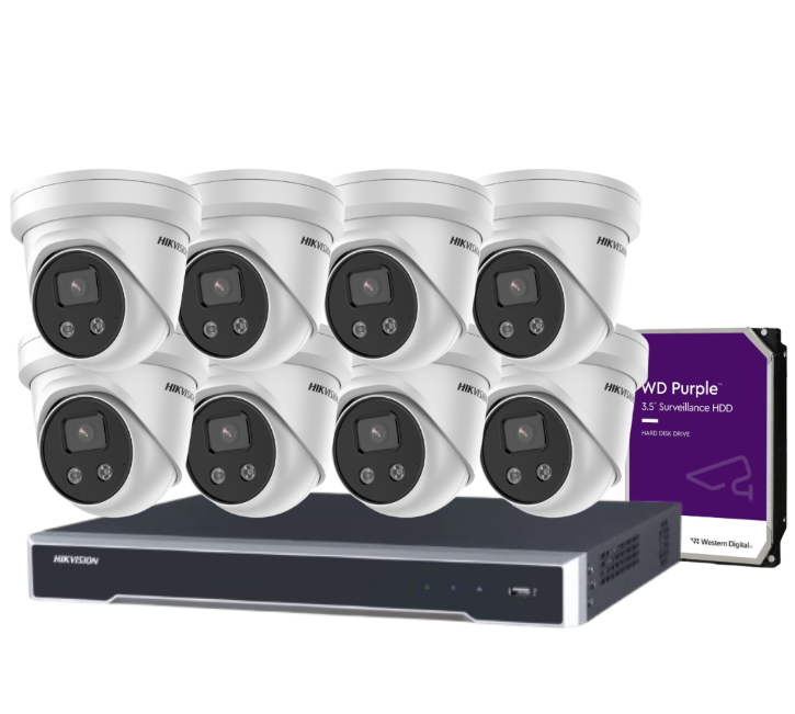 Hikvision 8MP CCTV Kit with 8 DS-2CD2386G2-I(U) AcuSense Turret Cameras + 8-Channel NVR DS-7608NI-M2/8P + HDD – Audio-Enabled, 8K Output, AI Detection, IP67