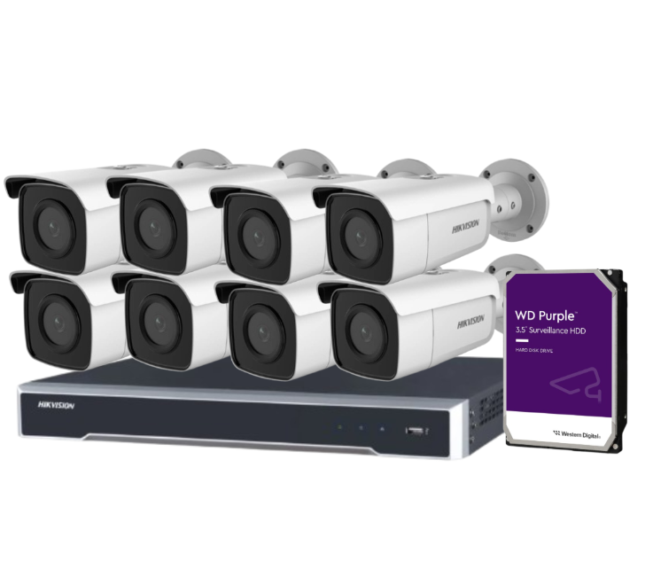 Hikvision 8MP CCTV Kit with 8 DS-2CD2T86G2-2I/4I Bullet Cameras + 8-Channel 8K PoE NVR DS-7608NI-M2/8P + HDD – AcuSense AI, DarkFighter, IP67