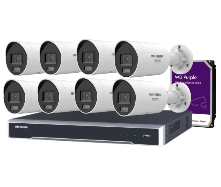 Hikvision 8-Channel 8MP CCTV Kit with DS-2CD2087G3-LI2UY/S(L)(RB) Smart Hybrid Light Bullet Cameras + DS-7608NI-M2/8P 8K NVR + HDD – Full-Color Night Vision, AI Analytics, and PoE