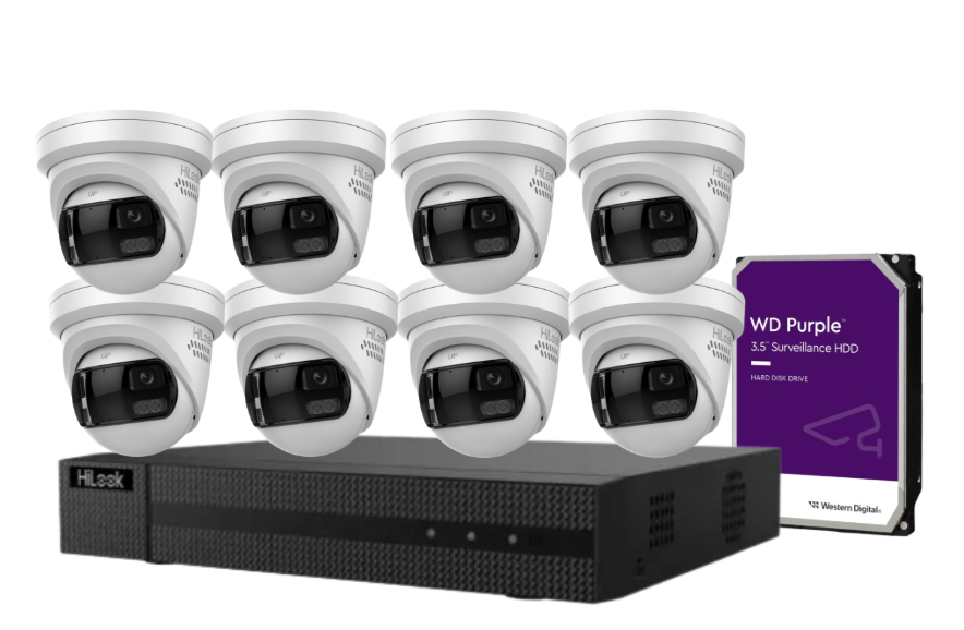 HiLook 8-Channel CCTV Kit with IPC-T289PH-MU/SL 8MP 180° Panoramic Cameras + 4K PoE NVR + HDD – Outdoor IP67 Surveillance System with Smart IR, Two-Way Audio & Active Deterrence
