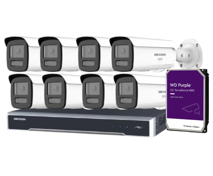Hikvision 8-Camera 6MP Smart Hybrid Light CCTV Kit with 8CH NVR + HDD – DS-2CD2T67G3-LIS2UY & DS-7608NI-M2/8P